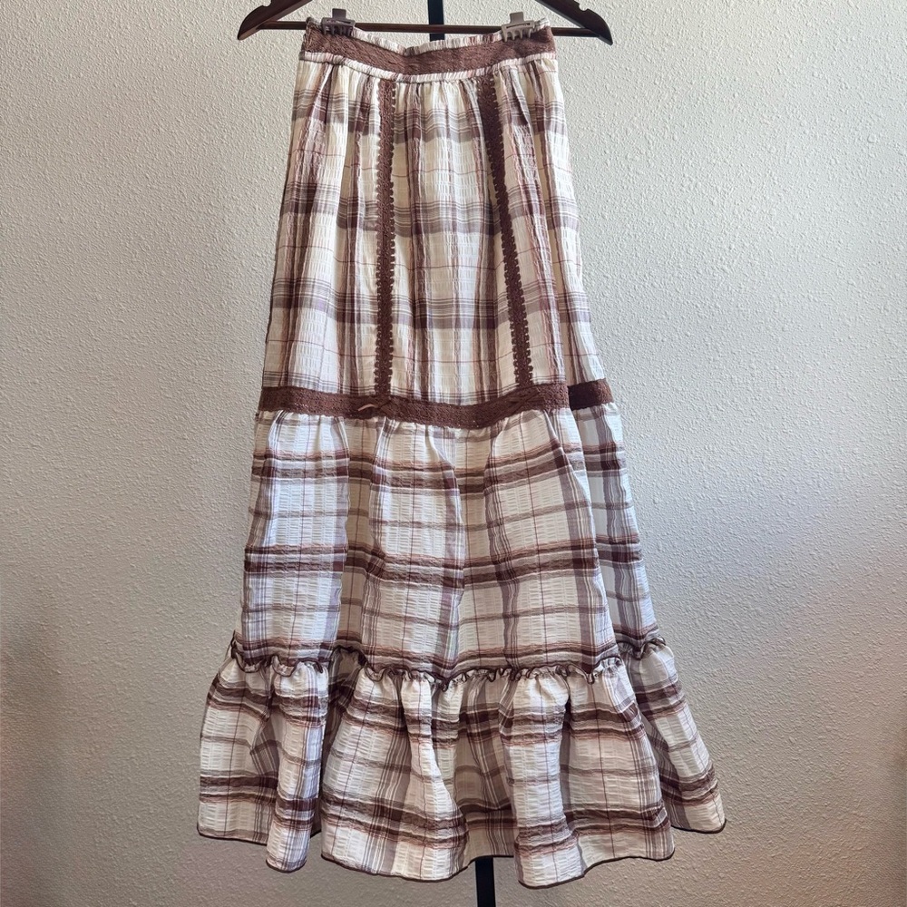 LIZ LISA Brown Cream Plaid Lightweight Maxi Skirt